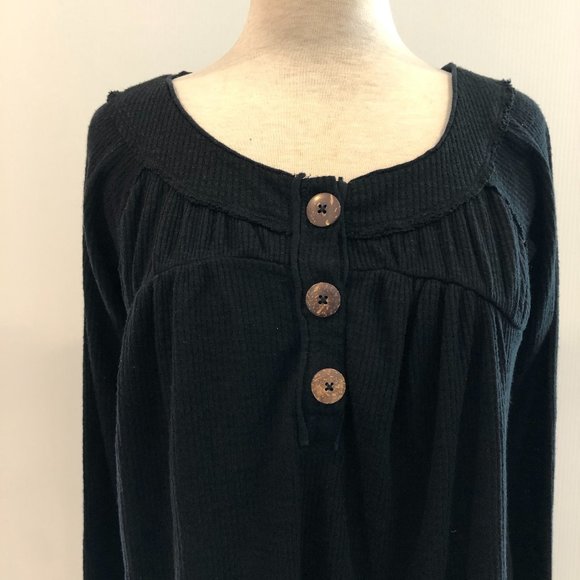 Free People Button Ribbed Oversize Black Shirt Top - Picture 3 of 8